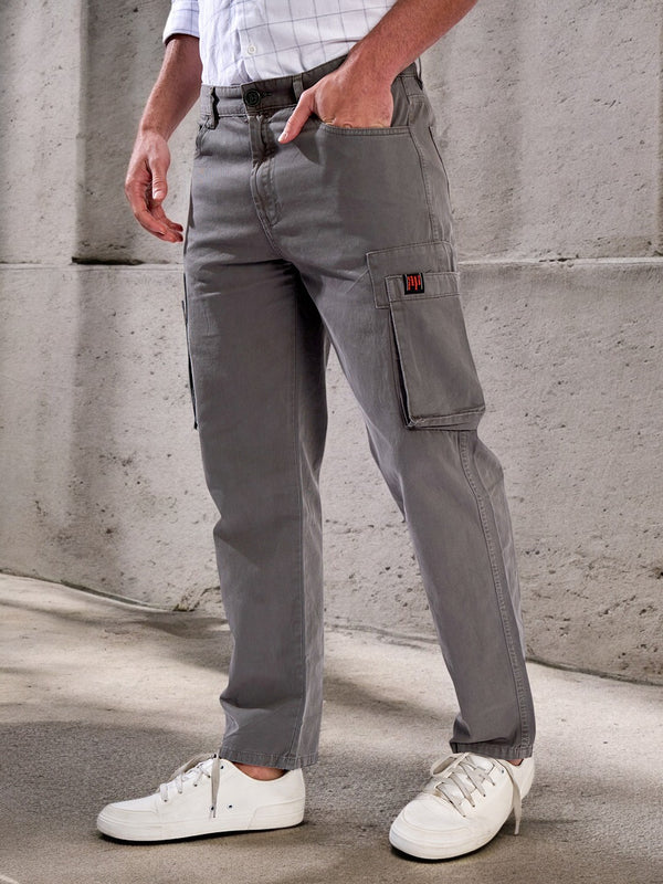 Men Grey  Cotton Solid Straight Fit Cargo Trousers
