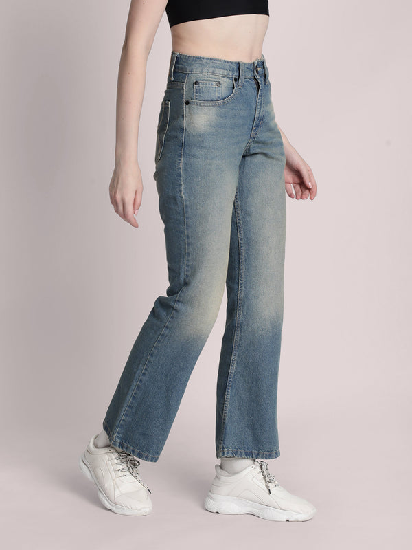 Women Light Blue Tinted Light Fade Bootcut Denim Jeans