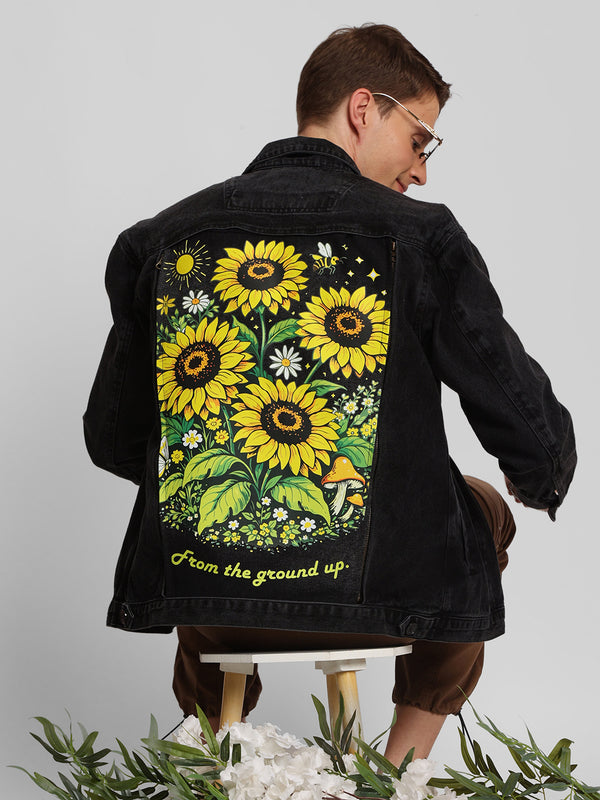 Men Cotton Denim Jacket with Swappable Back Graphics panel