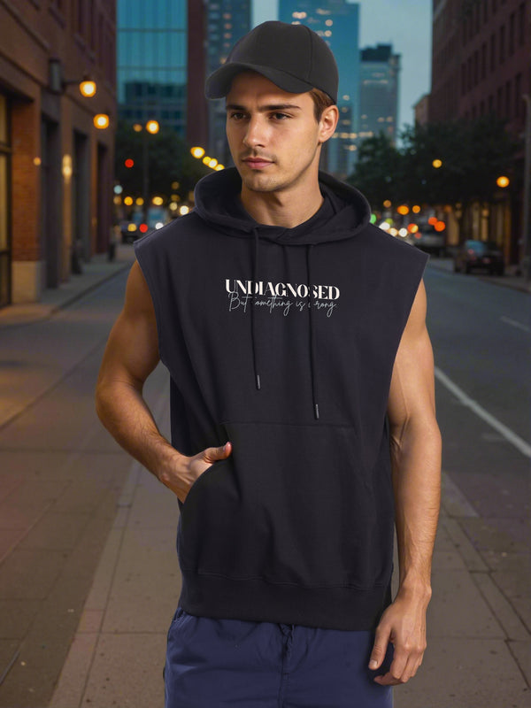 Men Black Graphic Printed Sleeveless Hoodie with kangaroo pocket