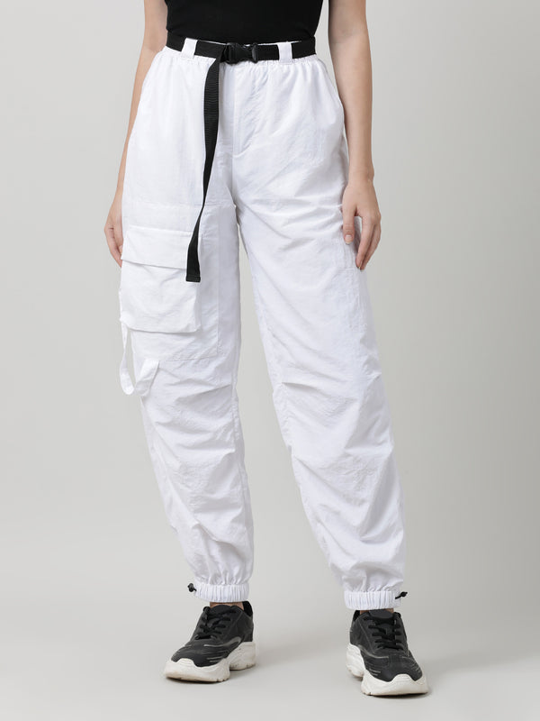Women White Parachute Fit Solid Cargo Joggers with Belt