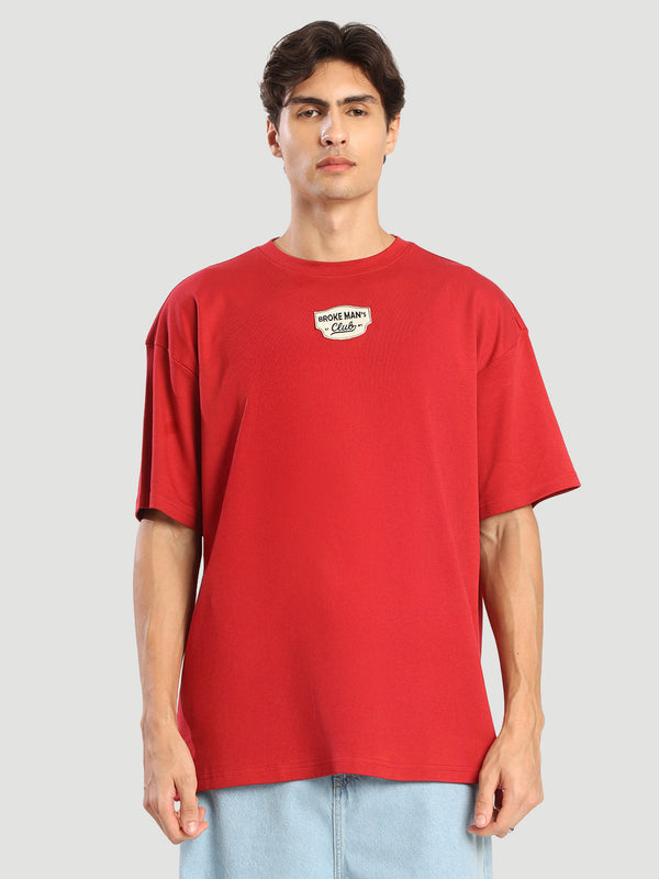 Men Red coloured Drop shoulder Oversized T Shirt with embroidery badge