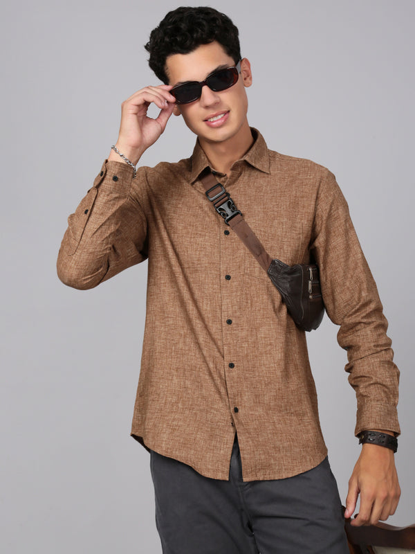 Men Solid Brown Single Pocket Shirt