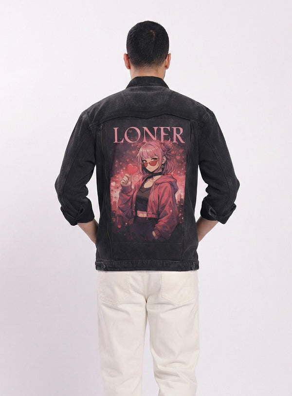 Men Cotton Denim Jacket with Swappable Back Graphics panel