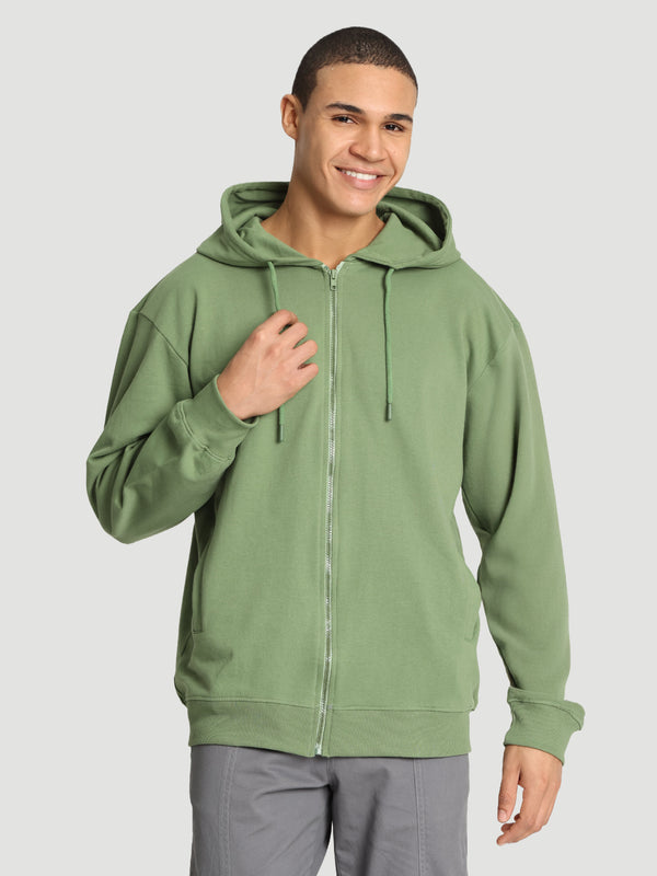 Men Relaxed olive brushed fabric front zipper hoodie