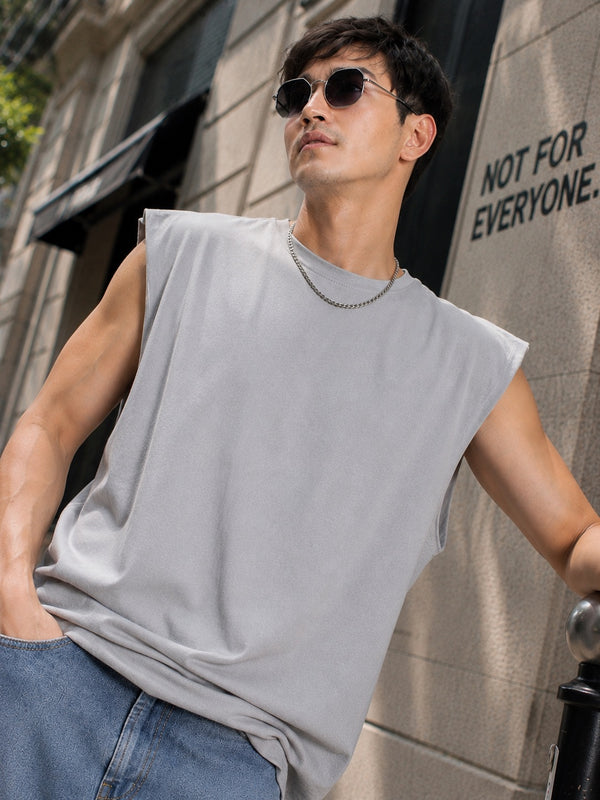 Men Grey Solid Sleeveless Raw Edge Oversized T-shirt