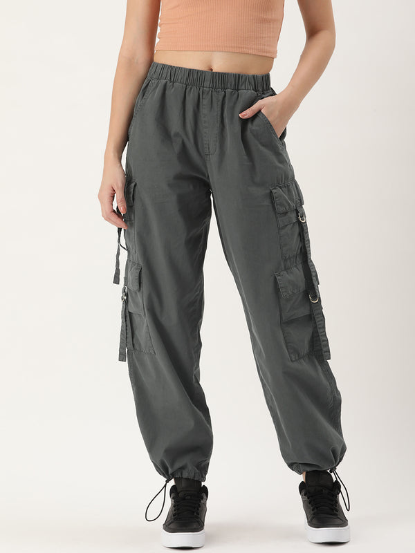 Women Dark Grey Parachute Fit Solid Cargo Trousers