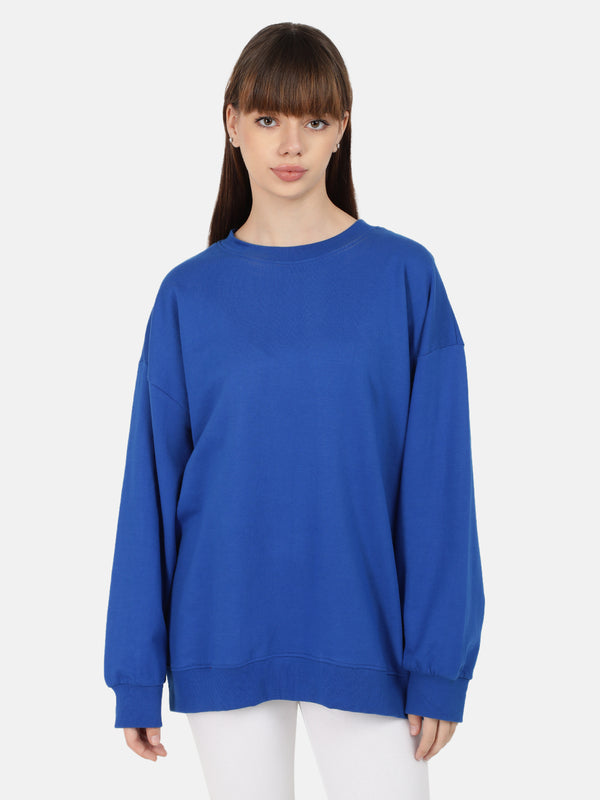 Women Royal Blue Solid Medium Length Oversized Sweatshirt