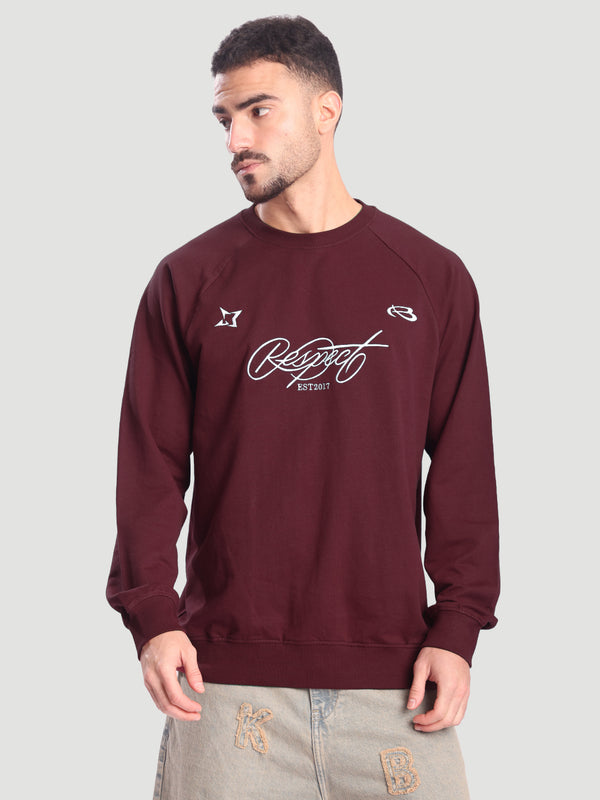 Men Maroon Relax Fit Raglan Lightweight Embroidered Sweatshirt