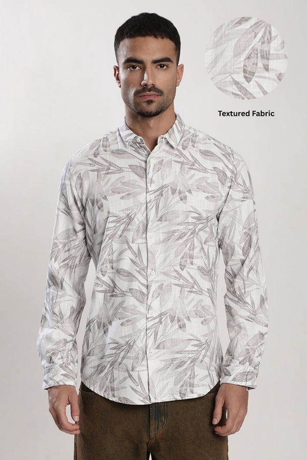 Men White and Grey Floral Printed Slub TextureShirt