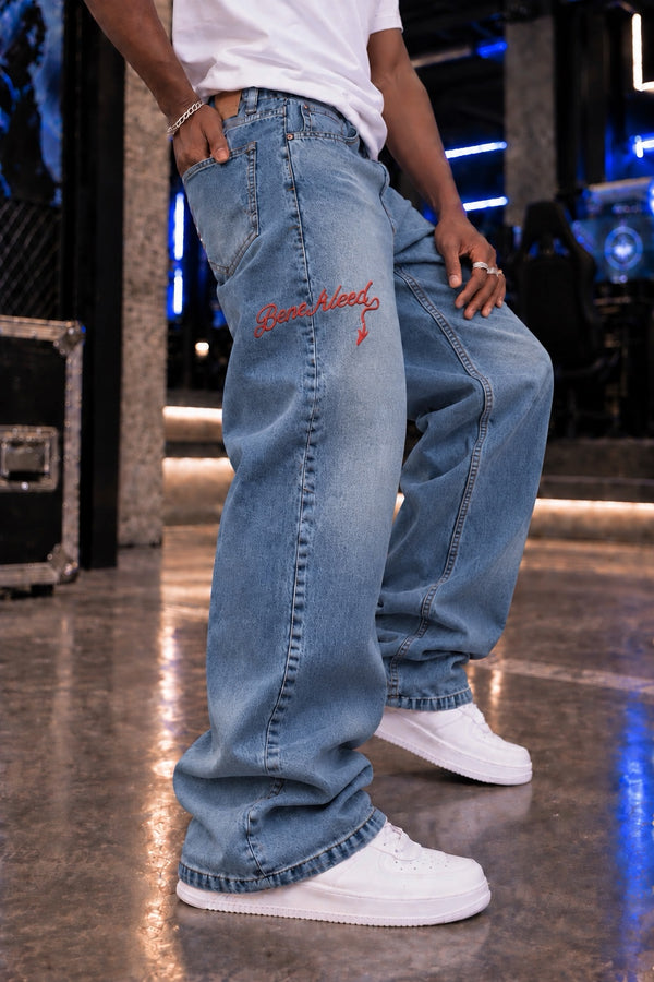 Men Blue Baggy fit Wide Leg Jeans with Embroidered Details