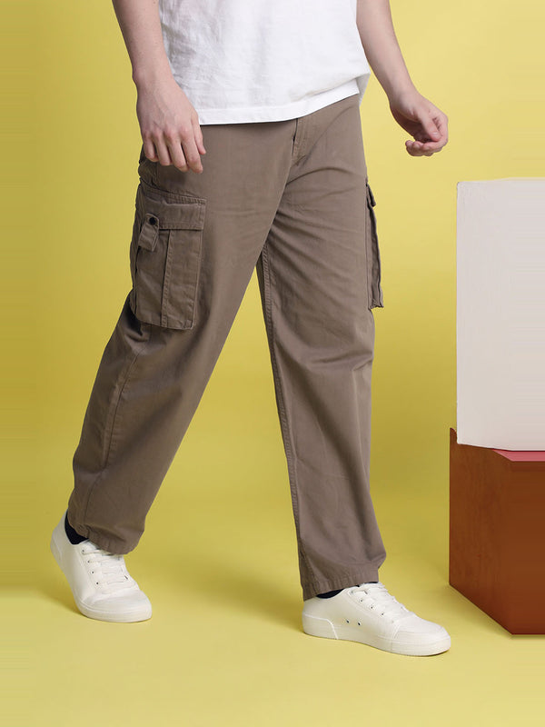 Men Brown Solid Baggy Fit Cargo Trousers