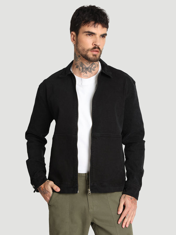 Men Relax fit Black Cotton lycra Denim jacket with front zipper