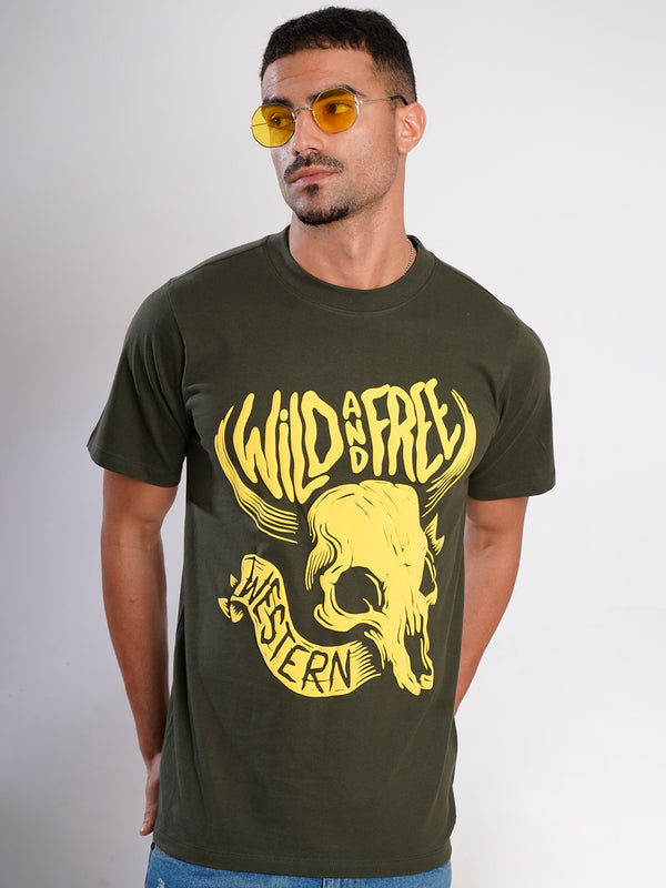Men Green Puff  Print Cotton T Shirt