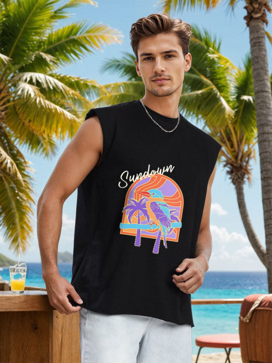 Men Black Sleeveless Graphic Oversized T Shirt