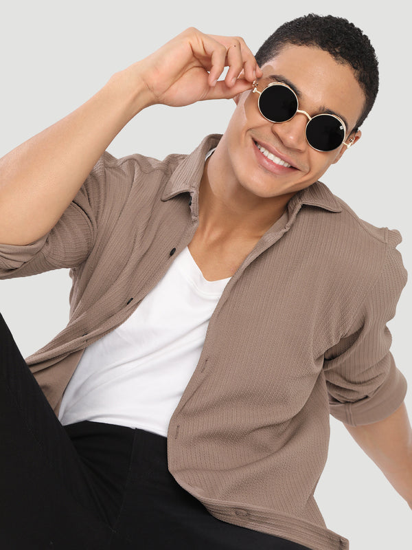 Men Black Textured  Regular Fit Spread Collar Shirt