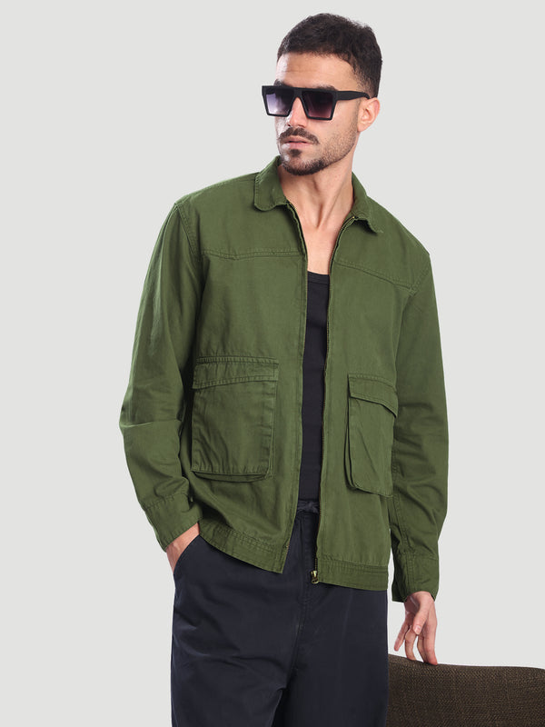 Men Olive Relax Fit Jacket with Front zipper