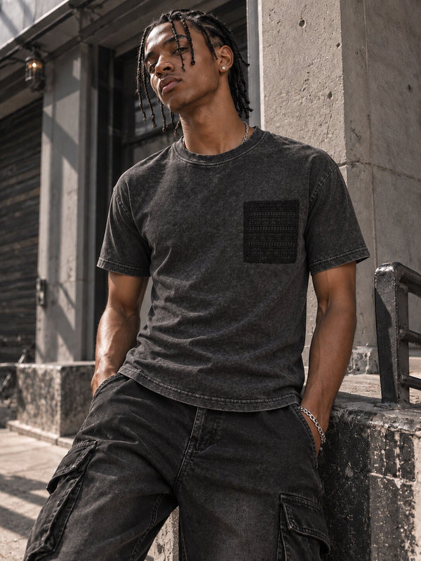 Men Acid Washed Charcoal Black Relaxed Lace T-Shirt
