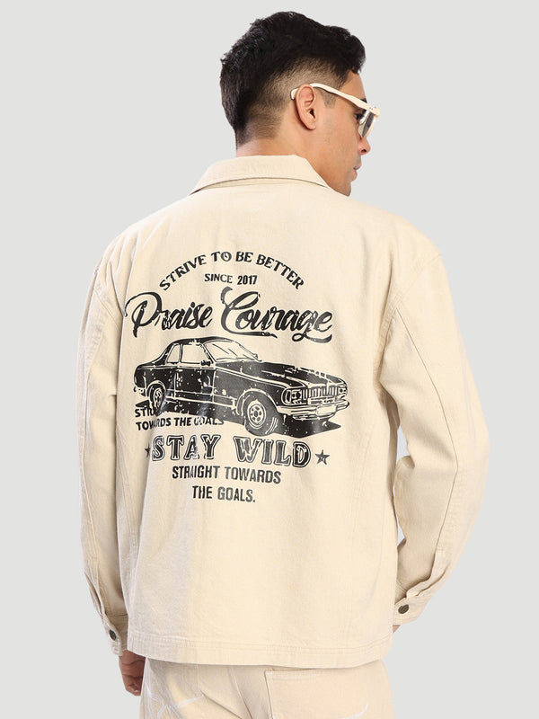 Men Denim Oversize Graphic printed  Ecru Denim Jacket