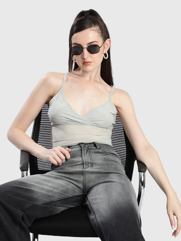 Women Sheer Green Overlap Neck Crop Top