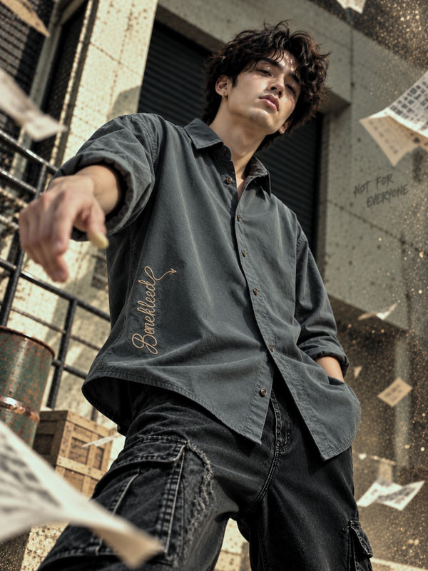 Men Grey Oversized Embroidered Shirt