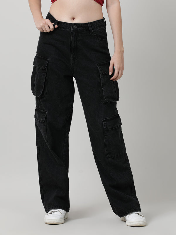 Women Solid Black Relaxed Fit Denim Cargo Jeans