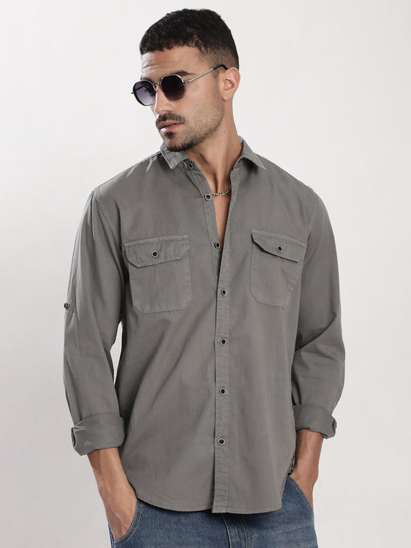 Men Grey Double Pocket Shirt