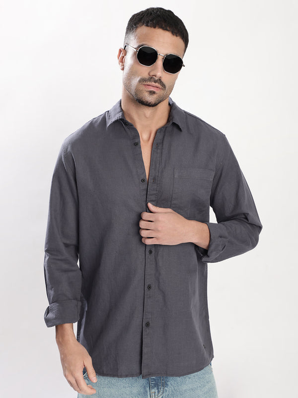 Men Grey Cotton linen Single Pocket Shirt