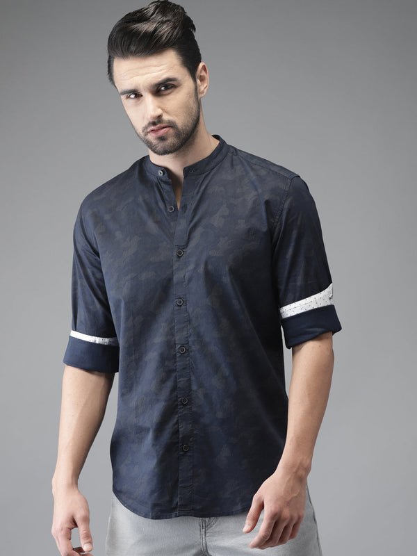 Men Navy Blue Solid Regular Fit Shirt