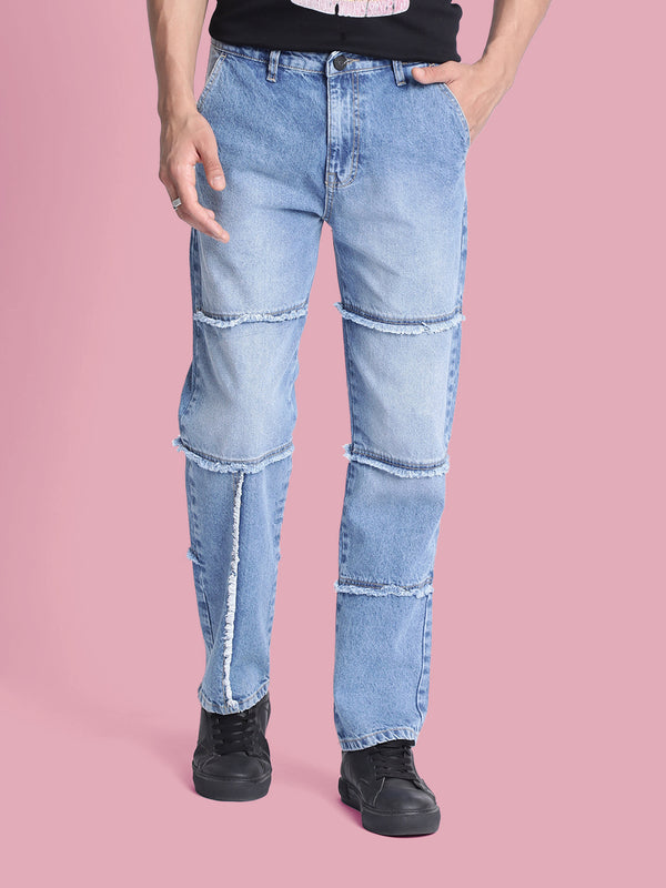 Men Blue Relax Cut & Sew Frayed Jeans