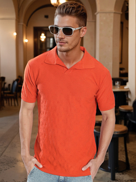 Men Orange Structured Knit Polo T Shirt