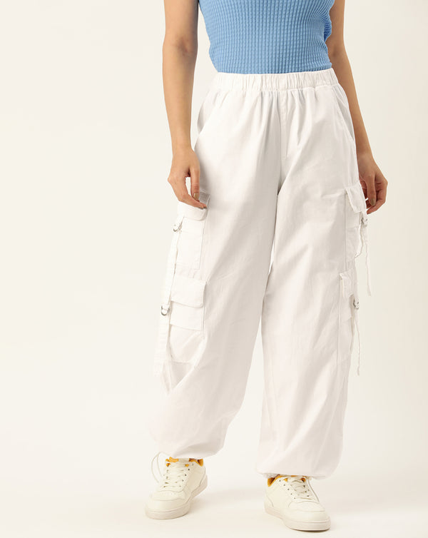 Women White Solid Parachute Fit Cargo Trousers