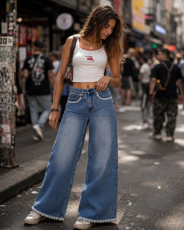 Women Blue Wide-Leg Denim Jeans with Lace Detail