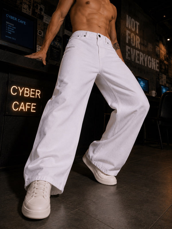Men White Solid Wide-Leg Denim Jeans