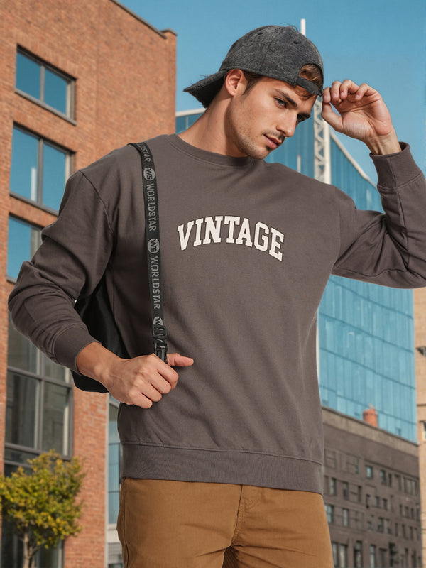 Men Crew Neck Drop Shoulder Graphic Printed Brown Sweatshirt