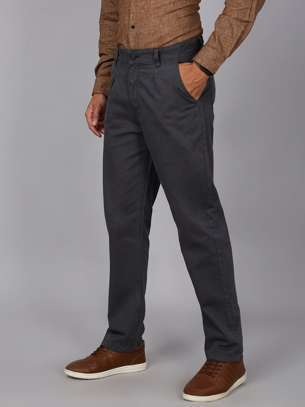 Men Grey Striaght Pleated Chino Trousers