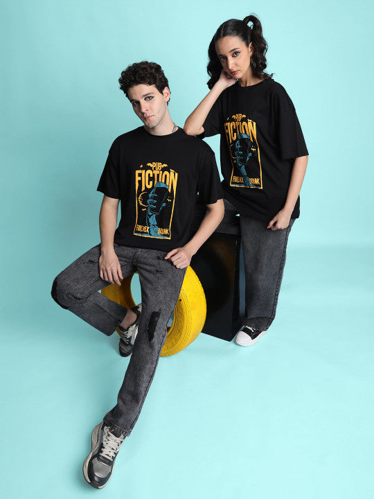 Women Oversize Fit Black Pub Fiction Puff Print T-Shirt
