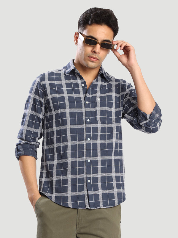 Mens Blue Checked Brand embroidery Regular fit Casual Shirt