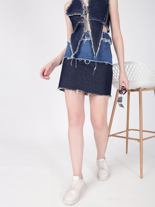 Women Blue Colour Block Mini Skirt
