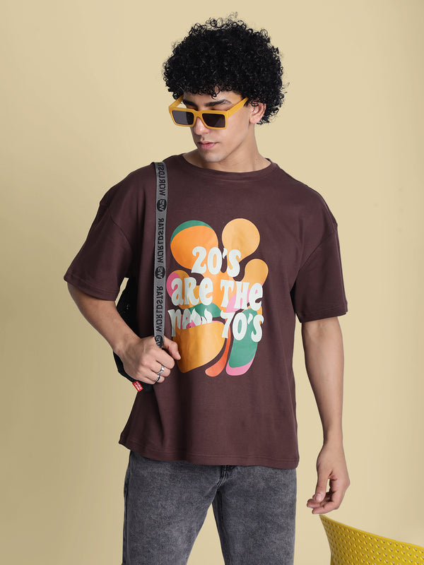 Men Brown Graphic Print Oversize T Shirt