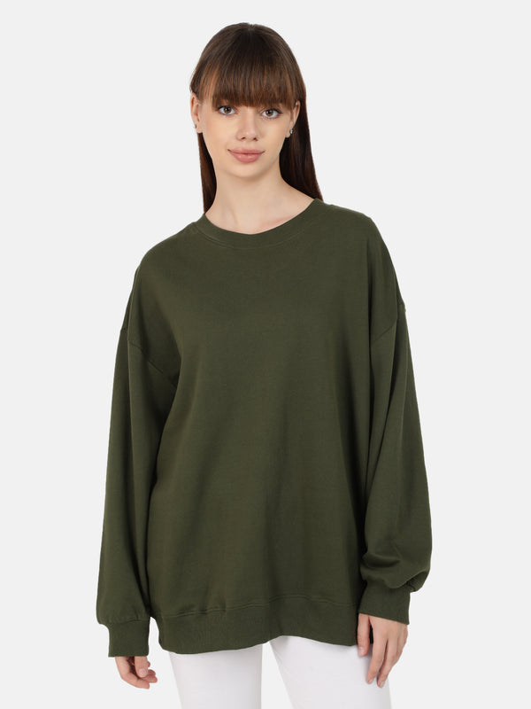 Women Solid Green Oversized Fit Sweatshirt