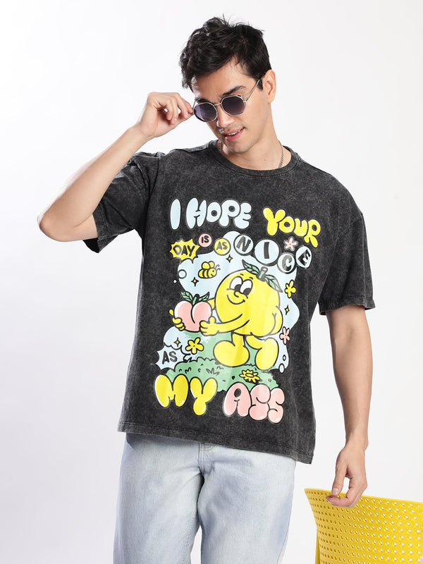 Men Acid Wash Black Graphic Printed T-Shirt