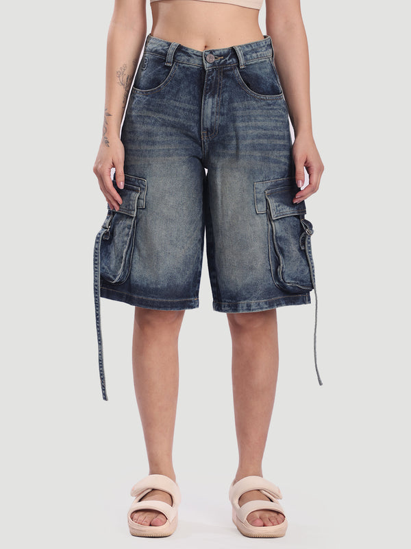 Women Light Fade Relax Fit Denim Cargo Short