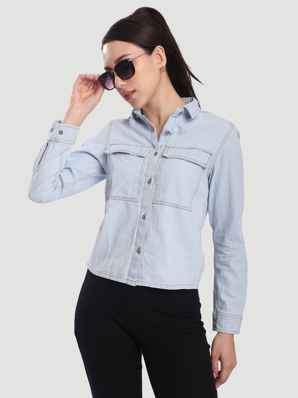 Women Light Blue Washed Regular Fit Denim Shirt