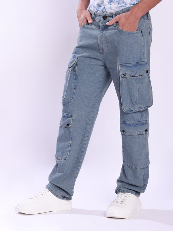 Men Blue Multi-Cargo Pocket Relaxed Fit Jeans