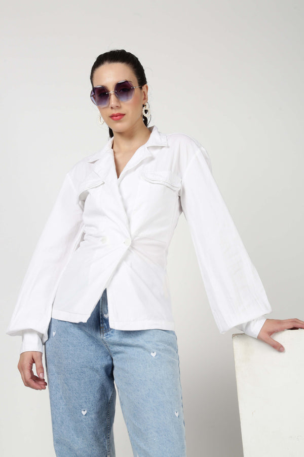 Women Classic Bishop Sleeve White Casual Shirt