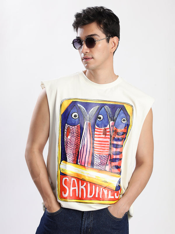 Men Beige Sleeveless Graphic Oversized T-shirt