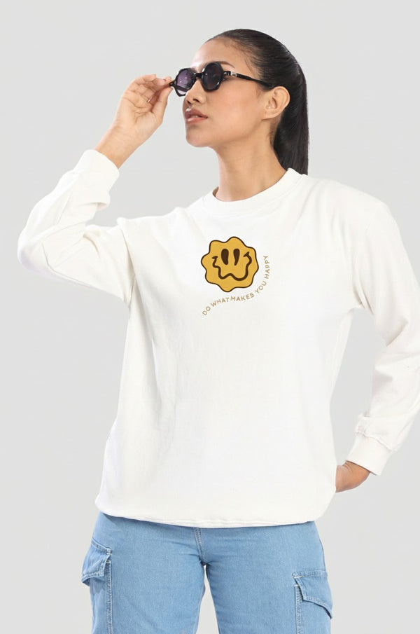 Women Off White Relax Fit Graphic Printed Pullover Sweatshirt