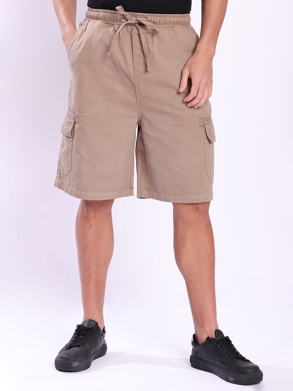 Men Brown Baggy Fit Cargo Shorts with Tape Detail