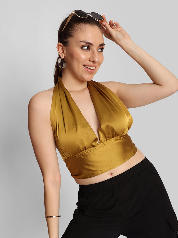 Women Solid Tie-Ups Backless Halter Neck Cotton Bralette Crop Top